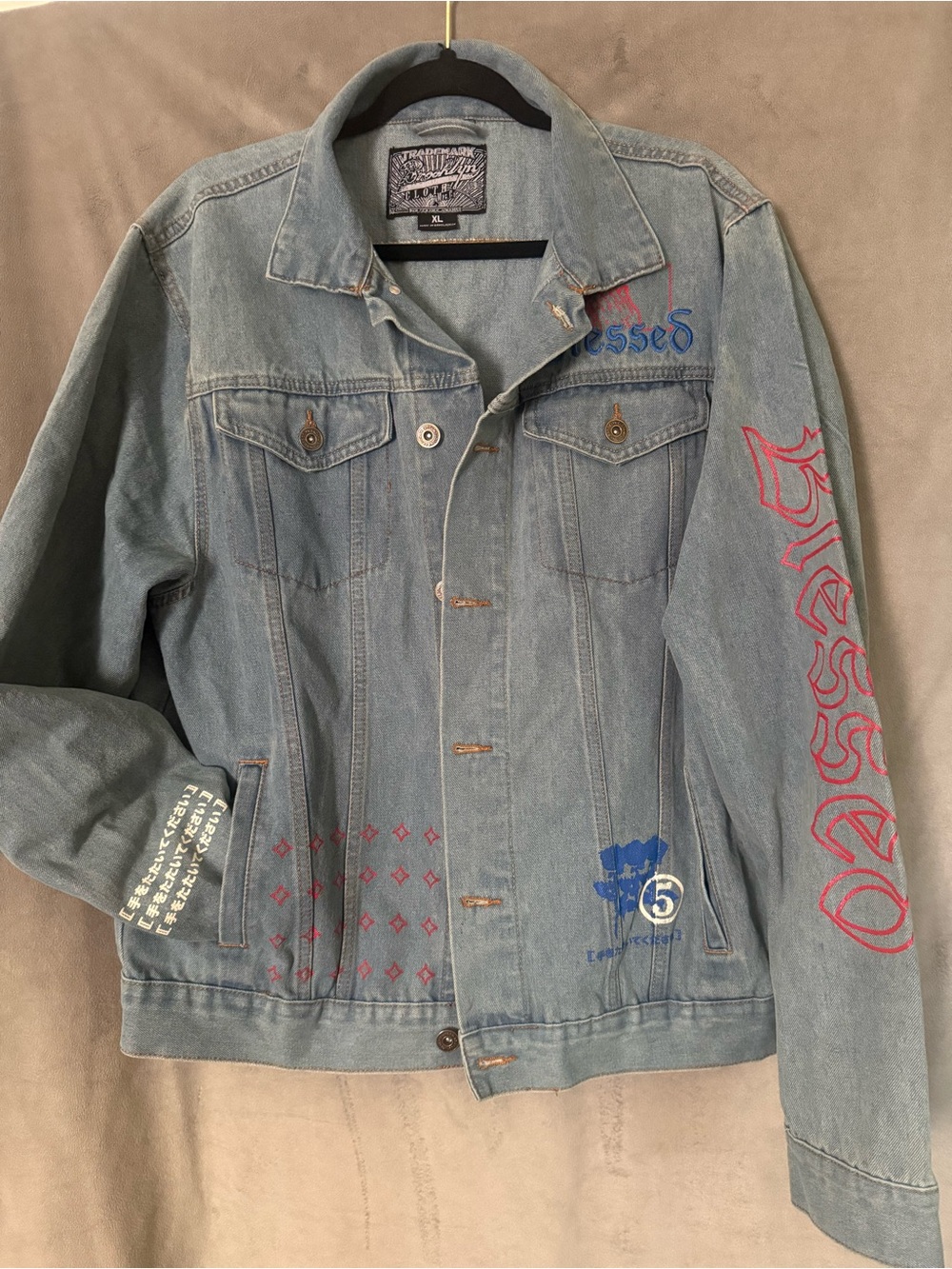 Brooklyn Cloth Light Blue Denim Jacket with Red Black & Blue Graphics